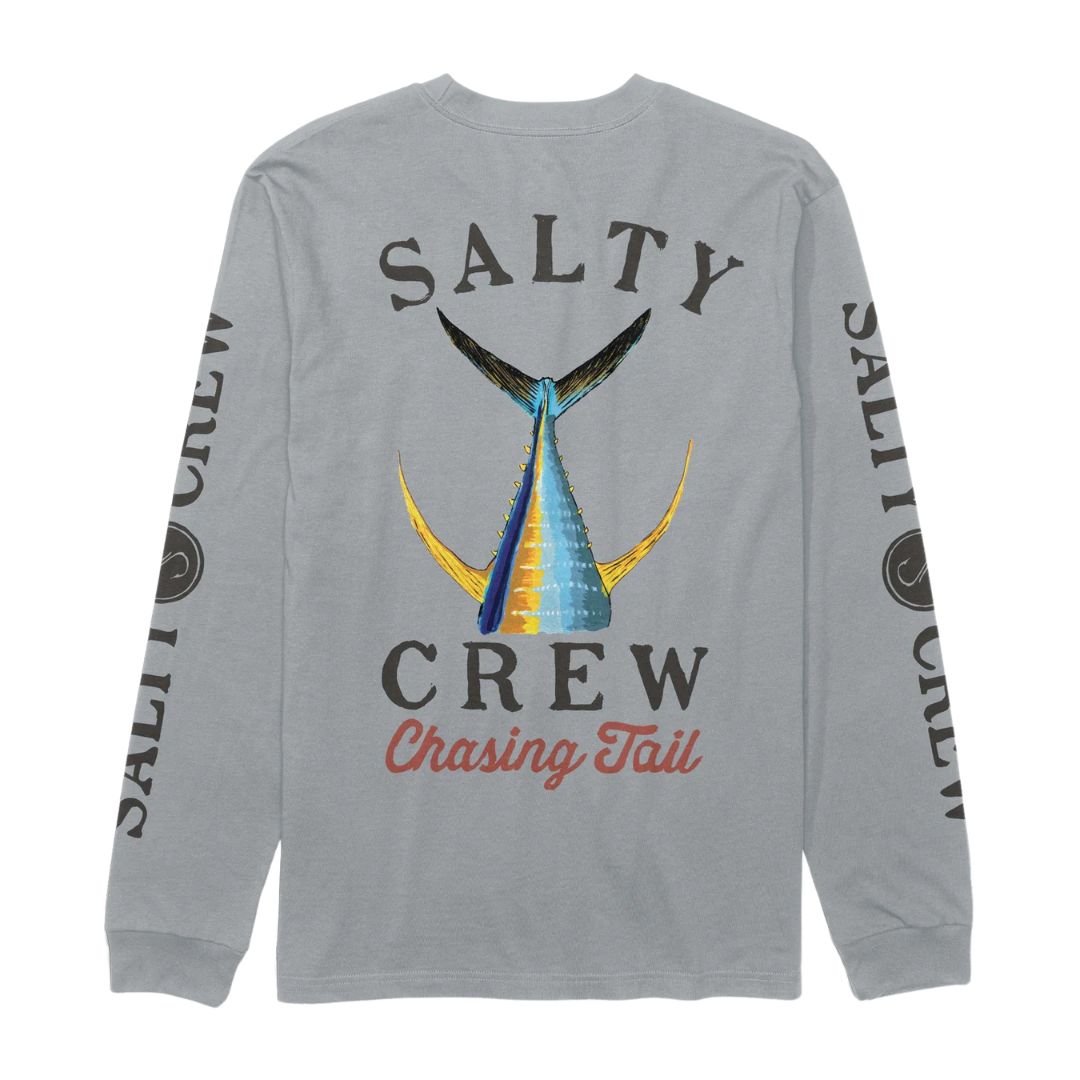 Camiseta de manga larga Salty Crew Tailed en gris, plano de producto de espaldas, con el marlín serigrafiado en la espalda y el texto Salty Crew impreso en ambas mangas.