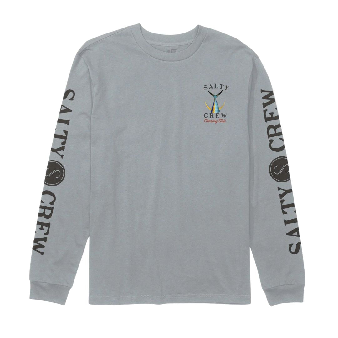 Camiseta de manga larga Salty Crew Tailed en gris, plano de producto de frente, con el gráfico del marlín en el pecho izquierdo y el logo Salty Crew en ambas mangas.