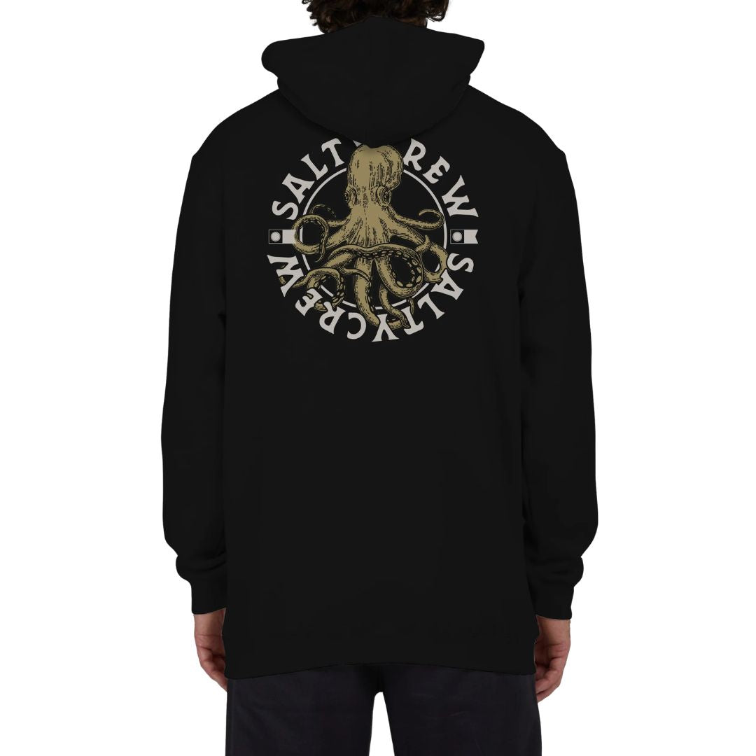 Sudadera con capucha Salty Crew Tentacles Hooded Fleece color negro vista trasera con gran gráfico de pulpo y logo circular Salty Crew en la espalda.