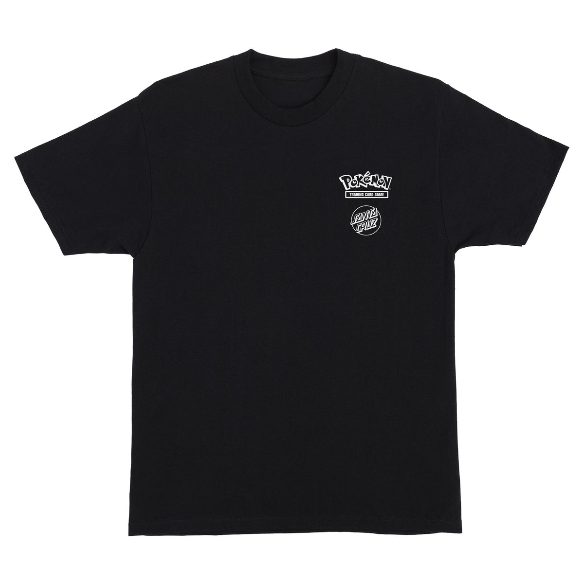 Camiseta de manga corta Santa Cruz x Pokémon Power Dot Heavyweight en color Black, vista frontal con el logo Pokémon Trading Card Game y el Classic Dot de Santa Cruz en el pecho