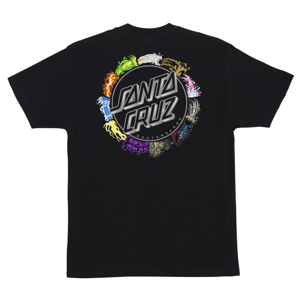 Camiseta de manga corta Santa Cruz x Pokémon Power Dot Heavyweight en color Black, vista trasera con el gran Classic Dot de Santa Cruz rodeado de ilustraciones de colores