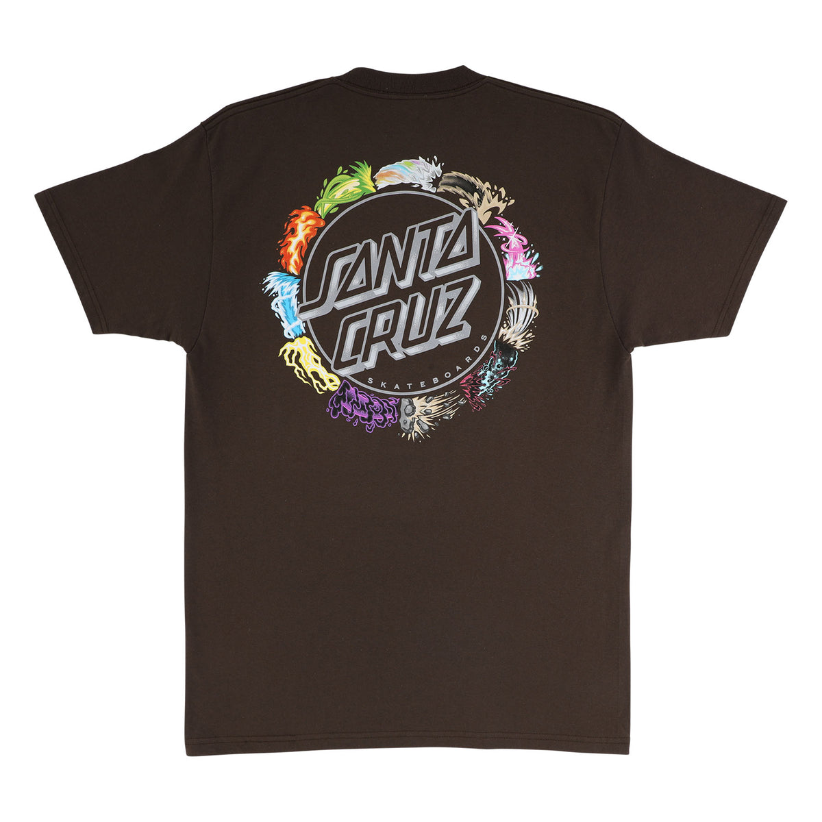 Camiseta de manga corta Santa Cruz x Pokémon Power Dot Heavyweight en color Java, vista trasera con el gran Classic Dot de Santa Cruz rodeado de ilustraciones de colores