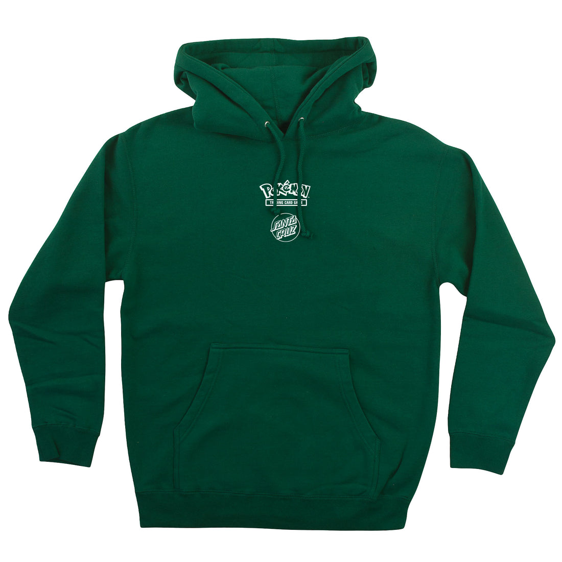 Sudadera con capucha Santa Cruz x Pokémon Power Dot Hooded Midweight en color Forest, vista frontal con el logo Pokémon Trading Card Game y el Classic Dot de Santa Cruz en el pecho y bolsillo canguro