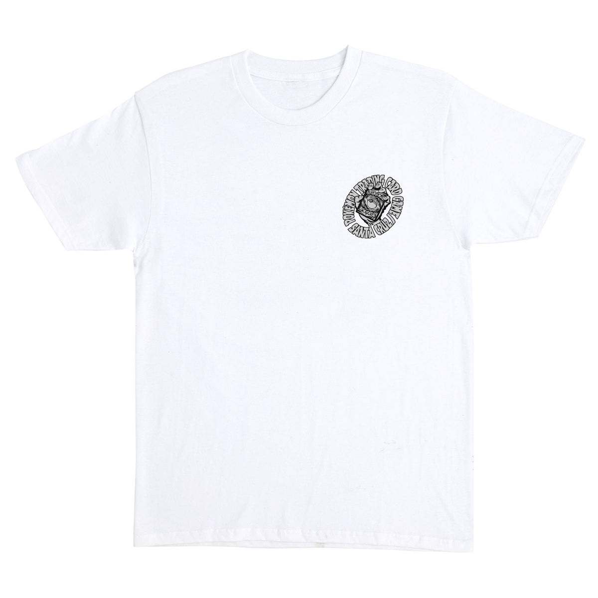 Camiseta de manga corta Santa Cruz x Pokémon TCG Hand Heavyweight en color White, vista frontal con una versión pequeña del gráfico circular de la Screaming Hand en el pecho