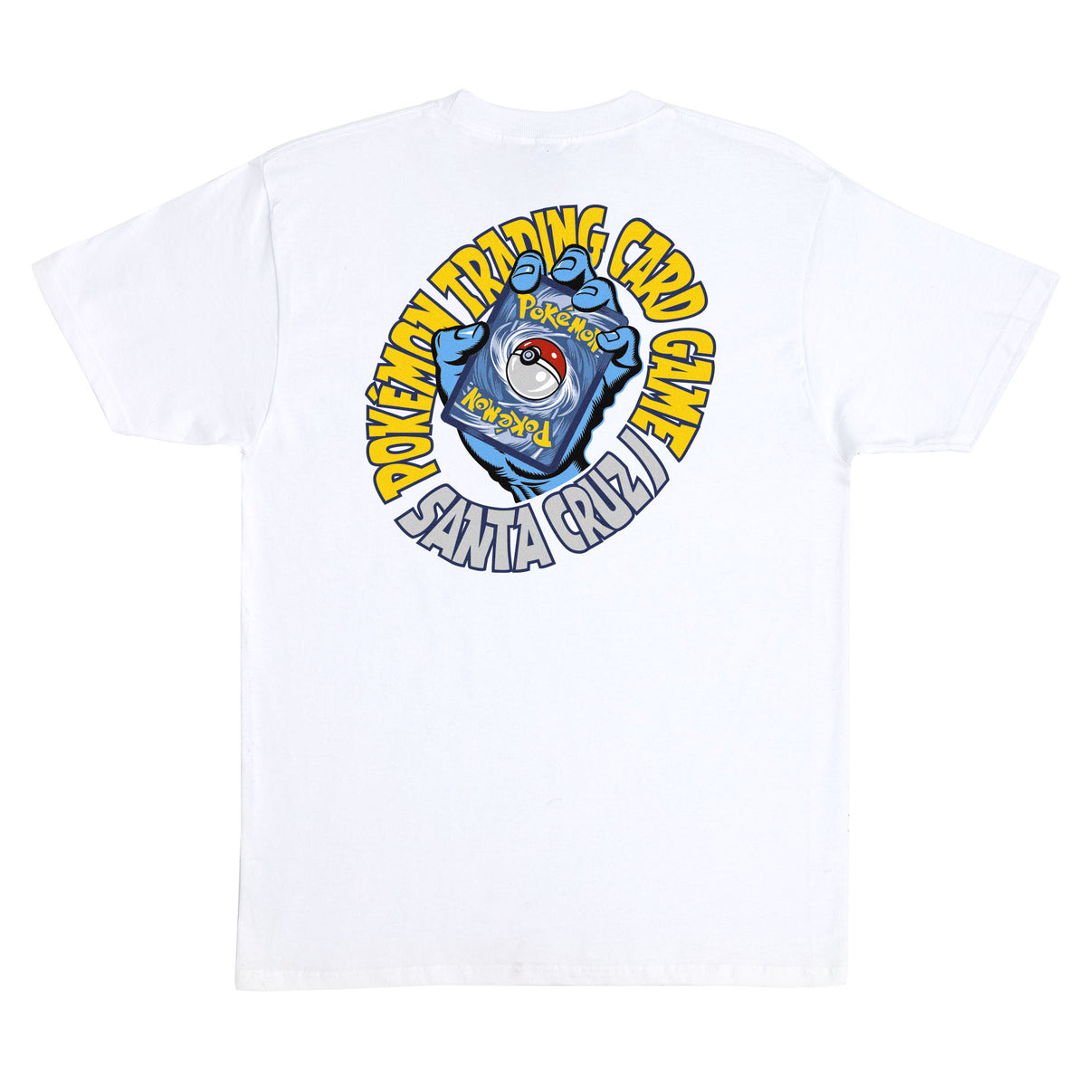 Camiseta de manga corta Santa Cruz x Pokémon TCG Hand Heavyweight en color White, vista trasera con la Screaming Hand sujetando una carta Pokémon dentro del lema Pokémon Trading Card Game Santa Cruz