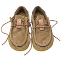 Vista superior de los mocasines Satorisan Kwahu Winter Suede en serraje color Faded Chestnut con cordones de piel natural.