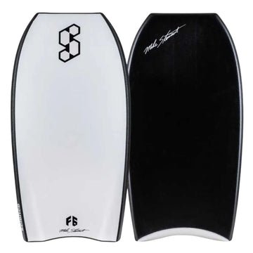 Tabla de bodyboard Science Mike 7-7 colorway Black/White, vista frontal de deck blanco y slick negro con firma Mike Stewart blanca, cola crescent tail con detalle blanco.