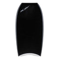 Tabla de bodyboard Science Mike 7-7 Black/White, vista en perspectiva del slick negro mostrando el rocker y la cola crescent tail con detalle blanco en la punta.