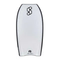 Tabla de bodyboard Science Mike 7-7 Black/White, vista en perspectiva del deck blanco mostrando logo Science hexagonal negro, indicador F6 y cantos negros.