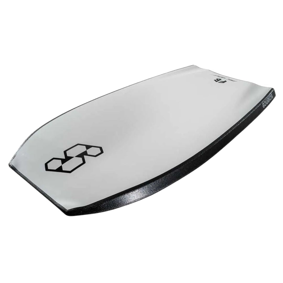 Tabla de bodyboard Science Mike 7-7 Black/White, vista frontal del deck blanco con logo Science hexagonal negro, indicador F6 y firma Mike Stewart en la zona inferior.