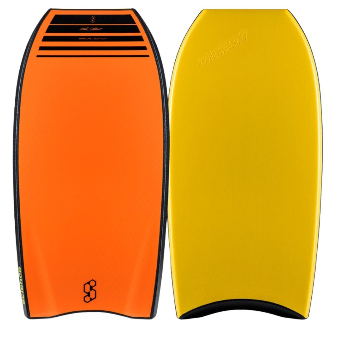 Tabla de bodyboard Science Mike 7-7 Special Edition colorway Yellow/Orange: vista doble mostrando deck naranja con rayas negras y texto Special Edition en morro, y slick amarillo con logo Mike 7-7 en relieve.