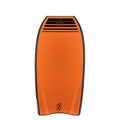 Tabla de bodyboard Science Mike 7-7 Special Edition PP 1.2 LiteFlex colorway Yellow/Orange, vista posterios del deck naranja con logo Mike 7-7 en relieve y cantos negros.
