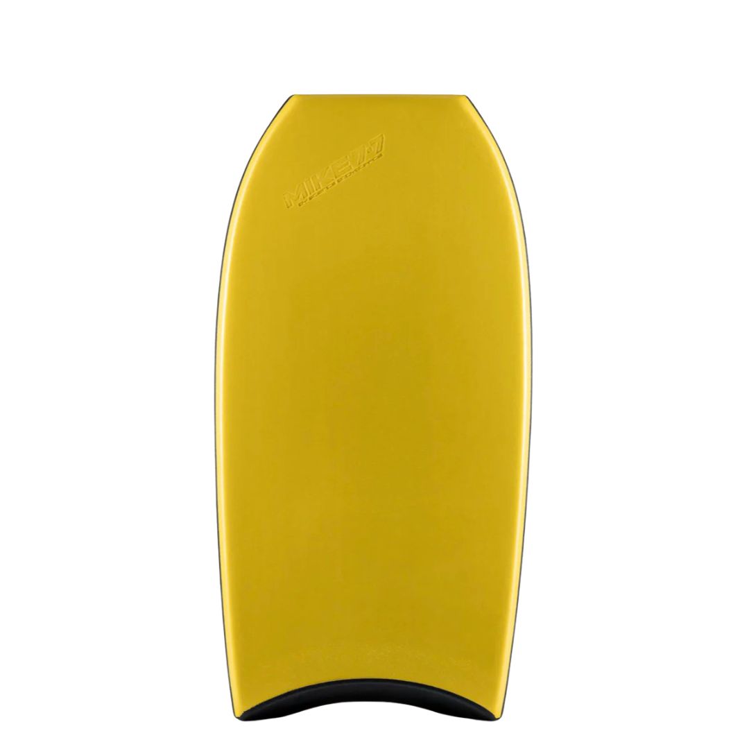 Tabla de bodyboard Science Mike 7-7 Special Edition PP 1.2 LiteFlex colorway Yellow/Orange, vista frontal del slick amarillo con logo Mike 7-7 en relieve y cantos negros.