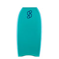 Tabla de bodyboard Science Pipe Stringer Emerald/Dark Grey, vista frontal del deck negro con logo Science gris, indicador F9 Pipeline y firma Mike Stewart, cantos azul marino visibles.