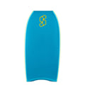 Tabla de bodyboard Science Pipe Stringer Aqua/White, vista frontal del slick blanco grisáceo con logo Science amarillo y cantos amarillo limón, cola crescent tail con detalle azul.