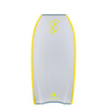 Tabla de bodyboard Science Pipe Stringer Aqua/White, vista frontal del deck azul aqua con logo Science dorado y cantos amarillo limón, cola crescent tail visible.