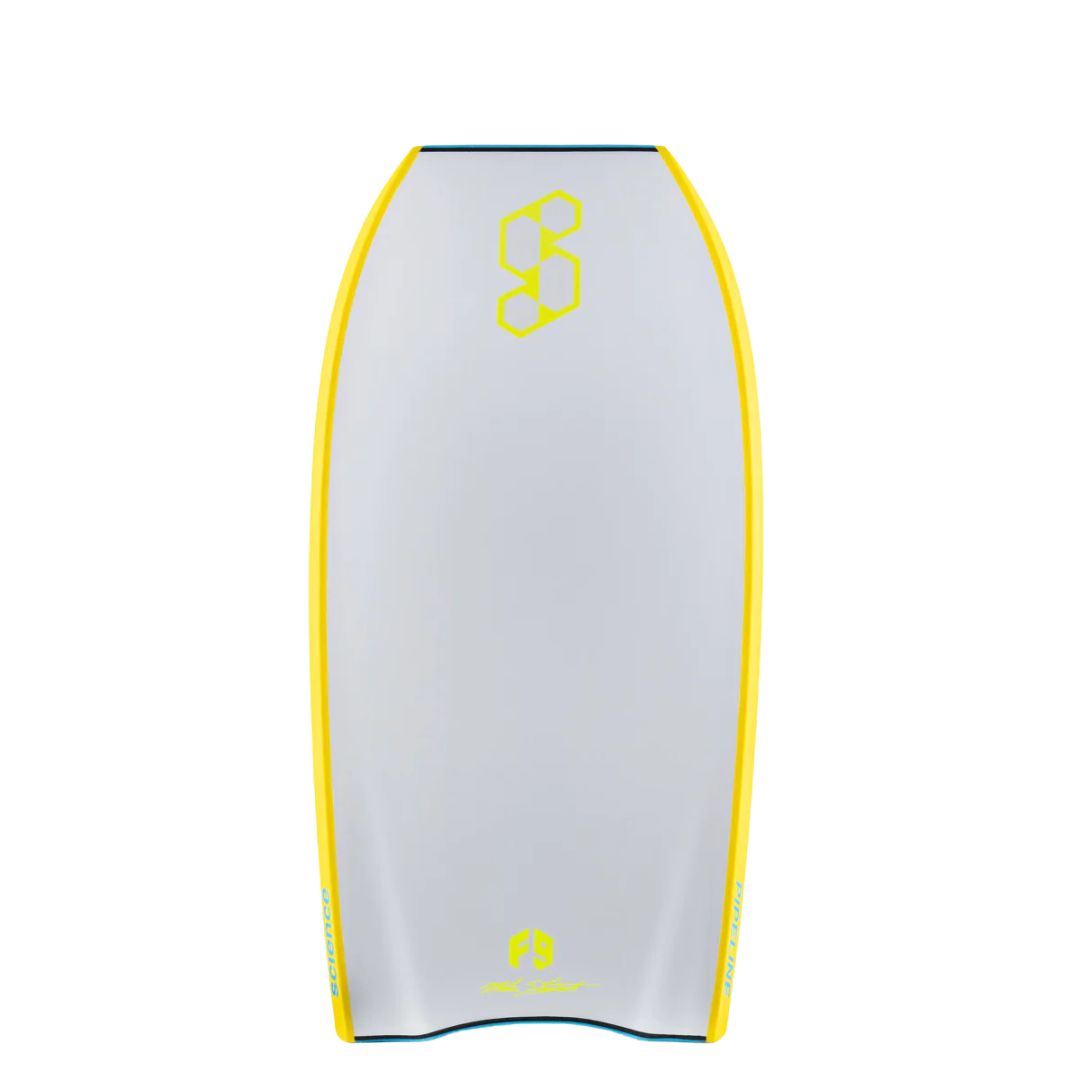 Tabla de bodyboard Science Pipe Stringer Aqua/White, vista frontal del deck azul aqua con logo Science dorado y cantos amarillo limón, cola crescent tail visible.