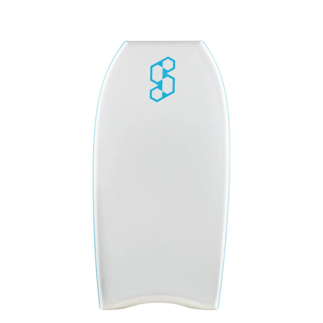 Tabla de bodyboard Science Pipe Stringer White/Black, vista frontal del deck negro con logo Science azul cyan, indicador F9 Pipeline y firma Mike Stewart, cantos azul cyan visibles.