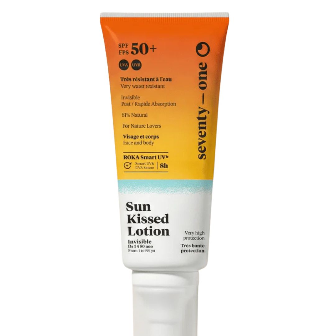 Detalle del envase Seventy One Percent Sun Kissed Lotion SPF50+ White, protector solar invisible muy resistente al agua con tecnología ROKA Smart UV.