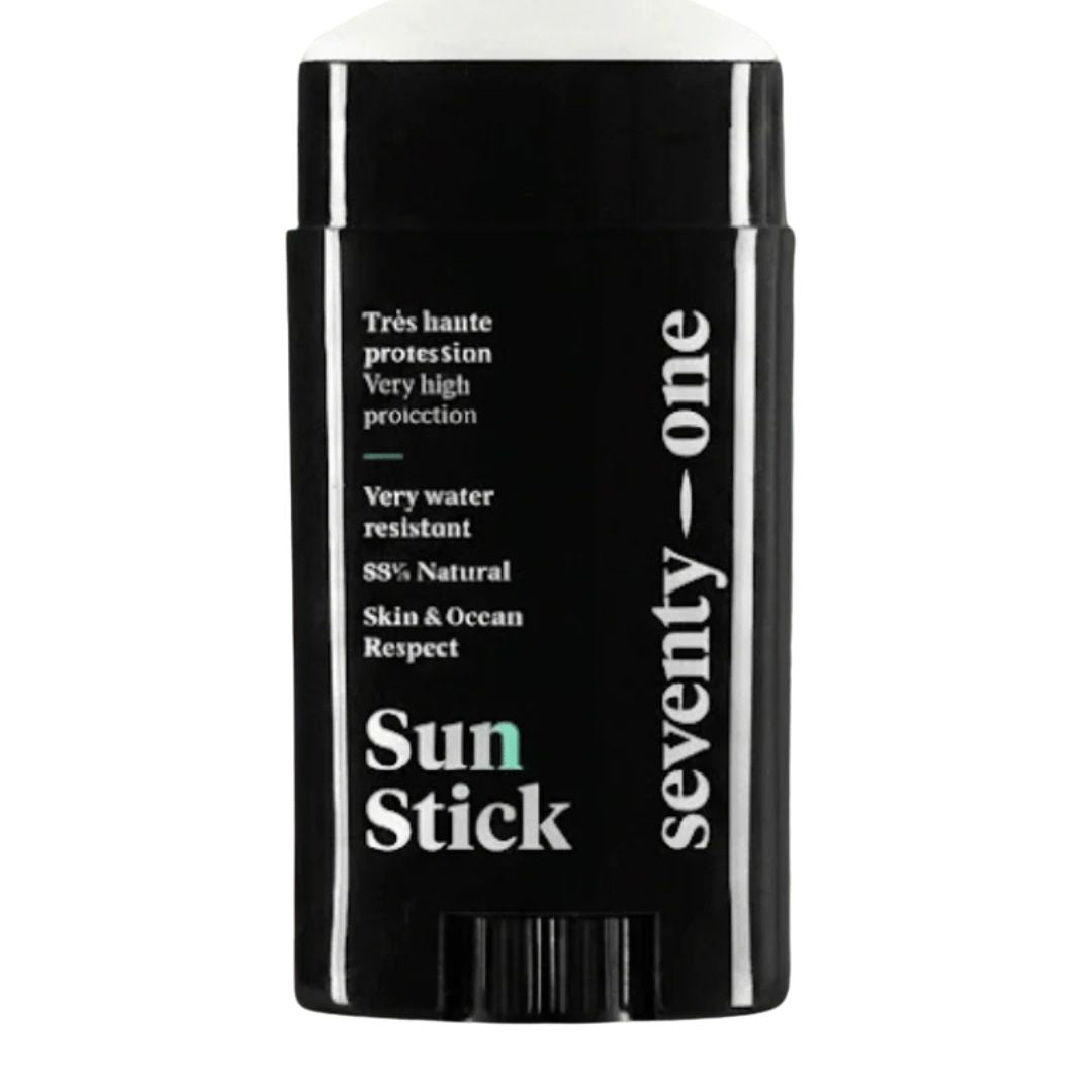 Vista producto protector solar stick Seventy One Percent Sun Stick Original White SPF50+ formato portátil reciclable.