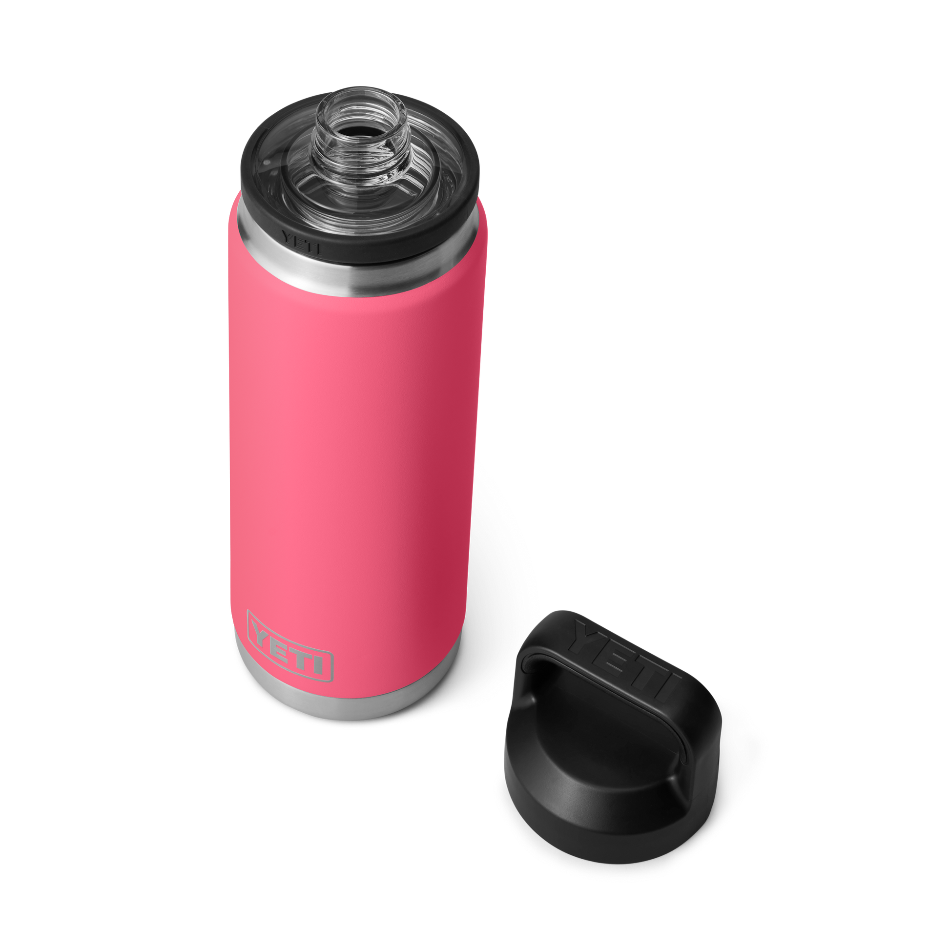 Vista superior de la botella YETI Rambler 26 oz en color rosa tropical con Chug Cap abierta