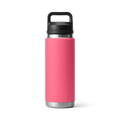 Vista posterior de la botella YETI Rambler 26 oz en color rosa tropical con Chug Cap.