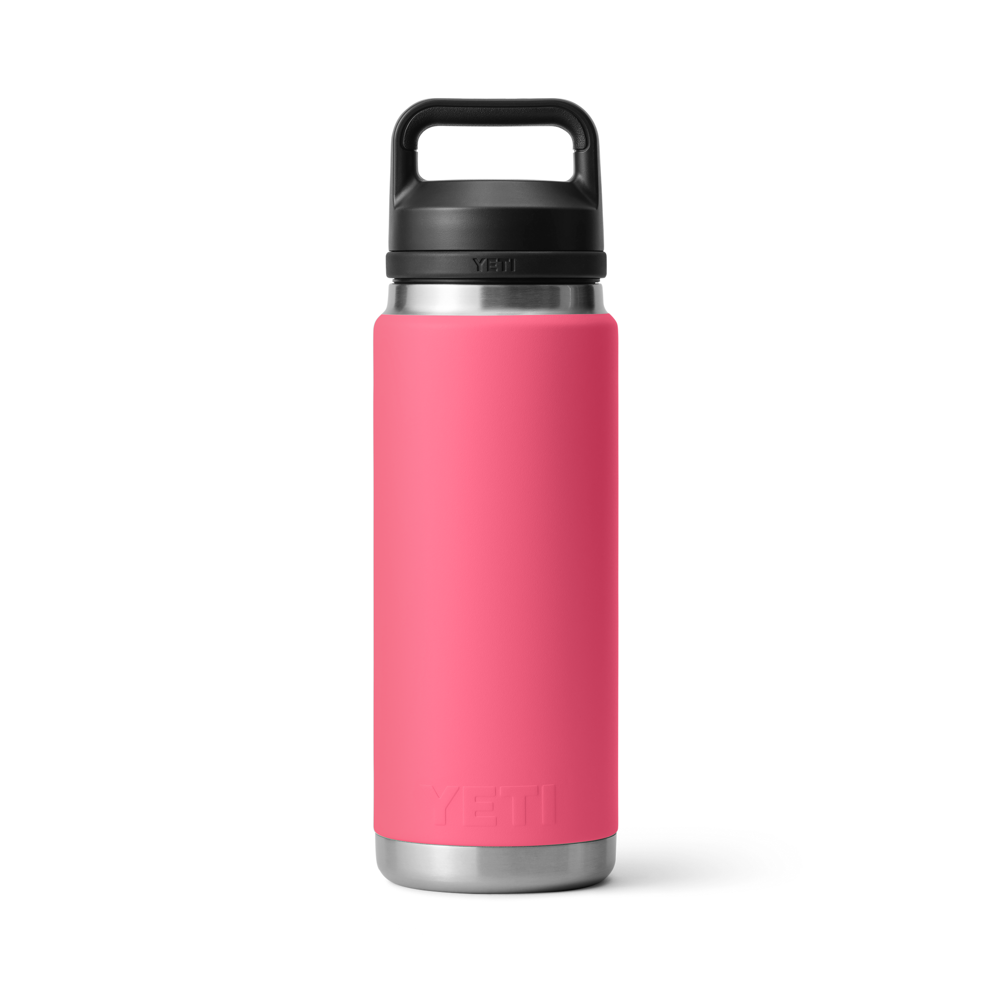 Vista posterior de la botella YETI Rambler 26 oz en color rosa tropical con Chug Cap.