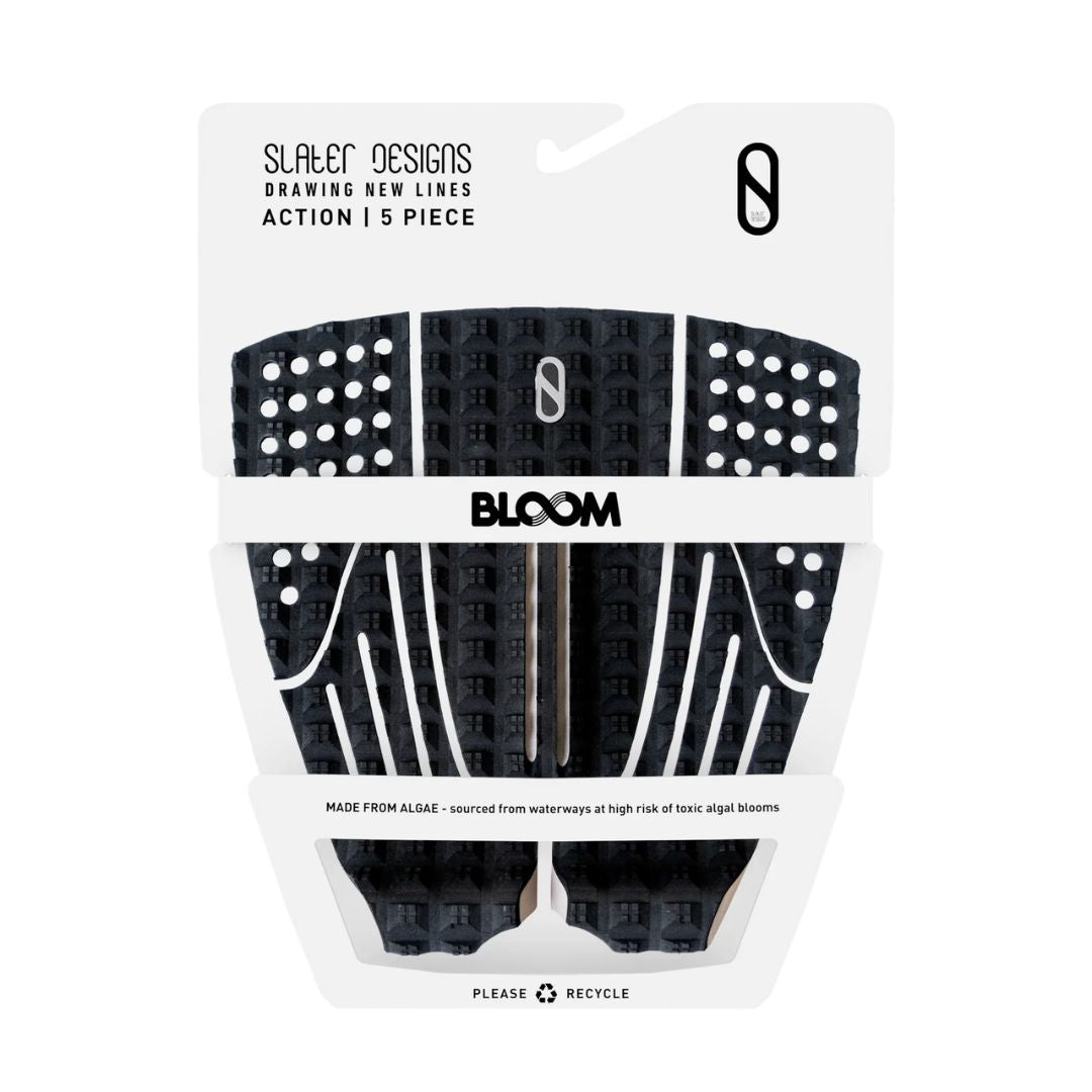 Grip Slater Designs Action 5 Piece negro en embalaje original con logo BLOOM, texto Drawing New Lines y aviso Made from Algae, packaging reciclable con tintas de soja y símbolo reciclar.