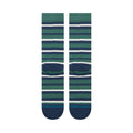 Stance Brett Crew teal vista trasera, calcetines crew a rayas verde y azul marino con logo circular bordado y detalle azul en la puntera.