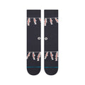 Calcetines Stance Gone Fishin Crew color azul marino con diseño de peces blancos y rojos colgando de una cuerda, vista superior extendida.