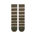 Parte inferior de los calcetines Stance Heritage Crew verde oliva con diseño de rayas blancas y puntera reforzada, vista extendida.