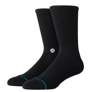 Stance Icon Crew black white calcetines crew negros en vista lateral, tejido acanalado con logo Stance blanco.
