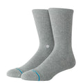 Stance Icon Crew grey heather calcetines crew gris jaspeado en vista lateral con tejido acanalado y logo Stance.