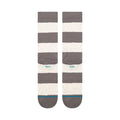 Calcetines Stance Nep Stripe Crew color gris jaspeado y blanco con diseño de rayas anchas, vista inferior extendida.