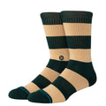 Calcetines Stance Nep Stripe Crew color verde pino y beige con diseño de rayas anchas, vista lateral en perspectiva.