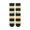 Calcetines Stance Nep Stripe Crew verde pino y beige, vista superior extendida con logotipo Stance.