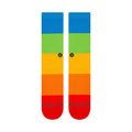 Calcetines Stance Snapshot Crew con franjas horizontales multicolor en rojo, naranja, amarillo, verde y azul, vista superior extendida.