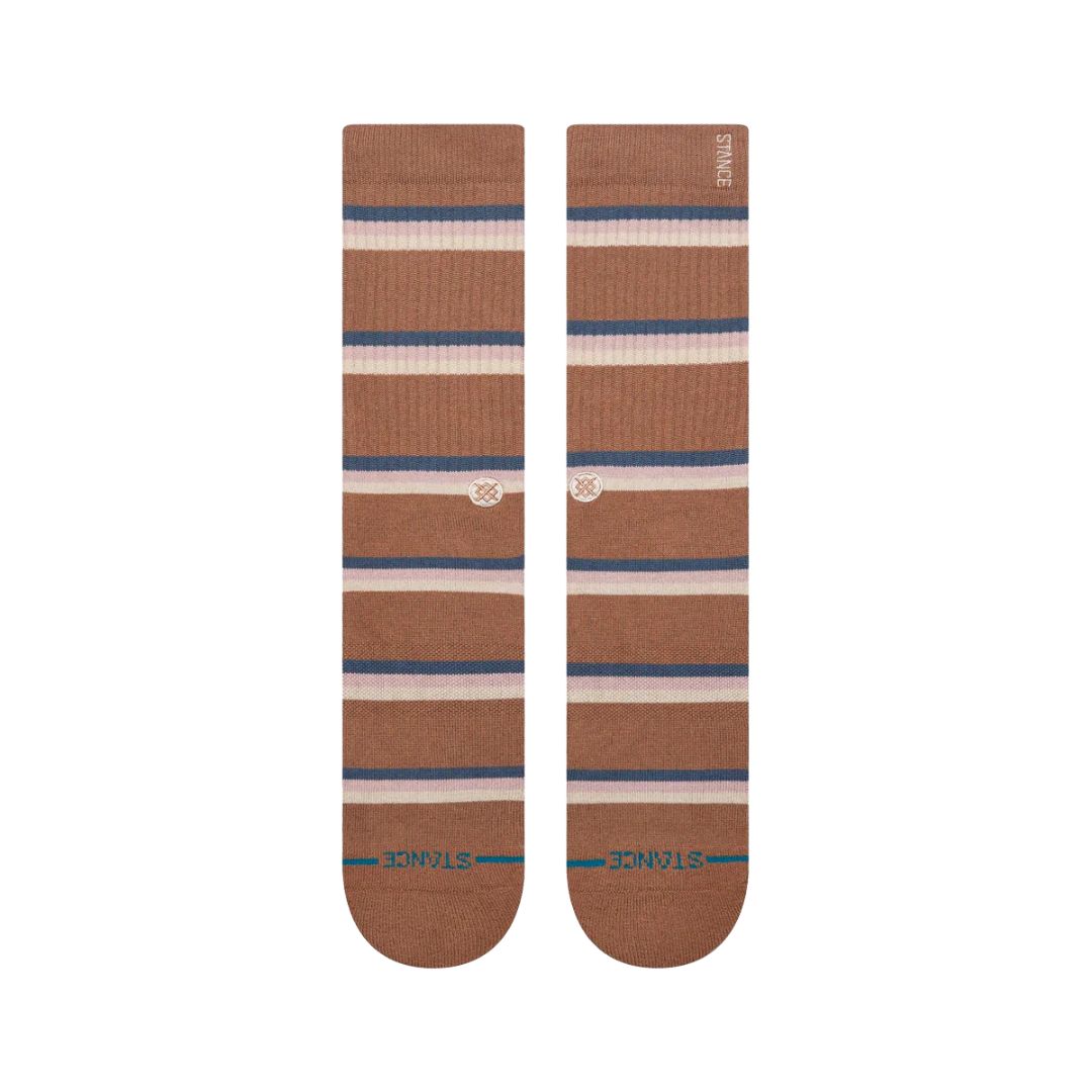 Calcetines Stance Boyd ST marrón con rayas beige y azul, vista frontal con logotipo Stance.