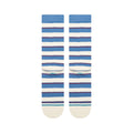 Stance Striped It Crew azul capri vista trasera, calcetines crew a rayas azul claro y blanco con detalle rojo y logo circular bordado.