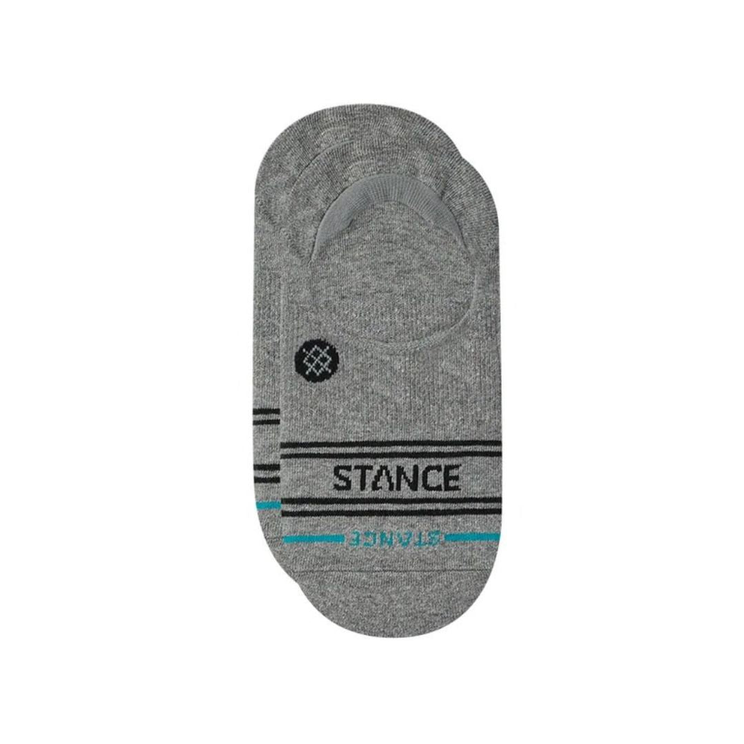Stance Vital 3 Pack No Show gris jaspeado, calcetines invisibles con logo Stance, líneas negras y detalle azul, diseño antideslizante con talón profundo.