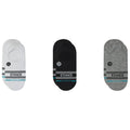 Stance Vital 3 Pack No Show multicolor blanco negro y gris, pack de 3 calcetines invisibles con logo Stance, líneas negras y detalle azul, diseño no show antideslizante.