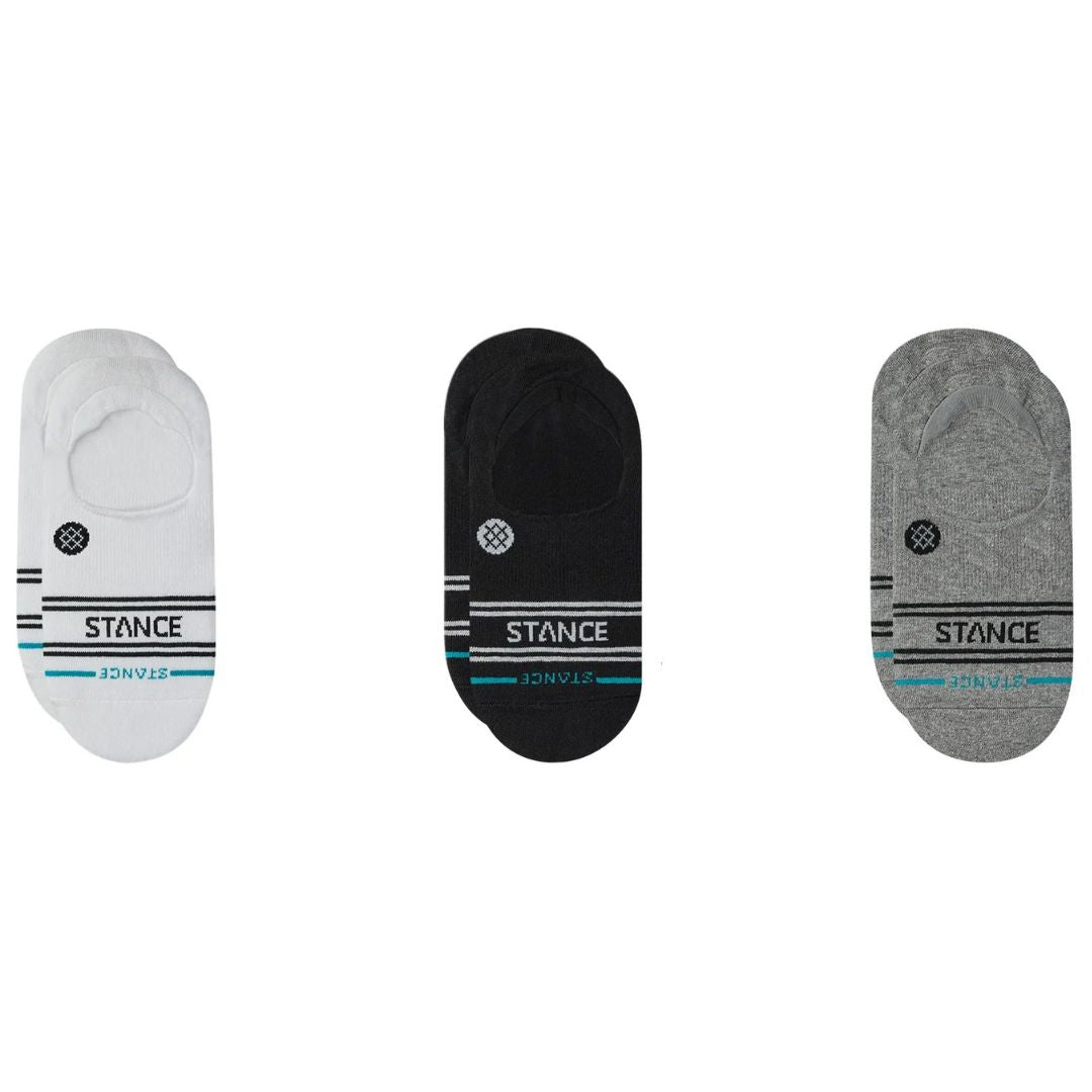 Stance Vital 3 Pack No Show multicolor blanco negro y gris, pack de 3 calcetines invisibles con logo Stance, líneas negras y detalle azul, diseño no show antideslizante.
