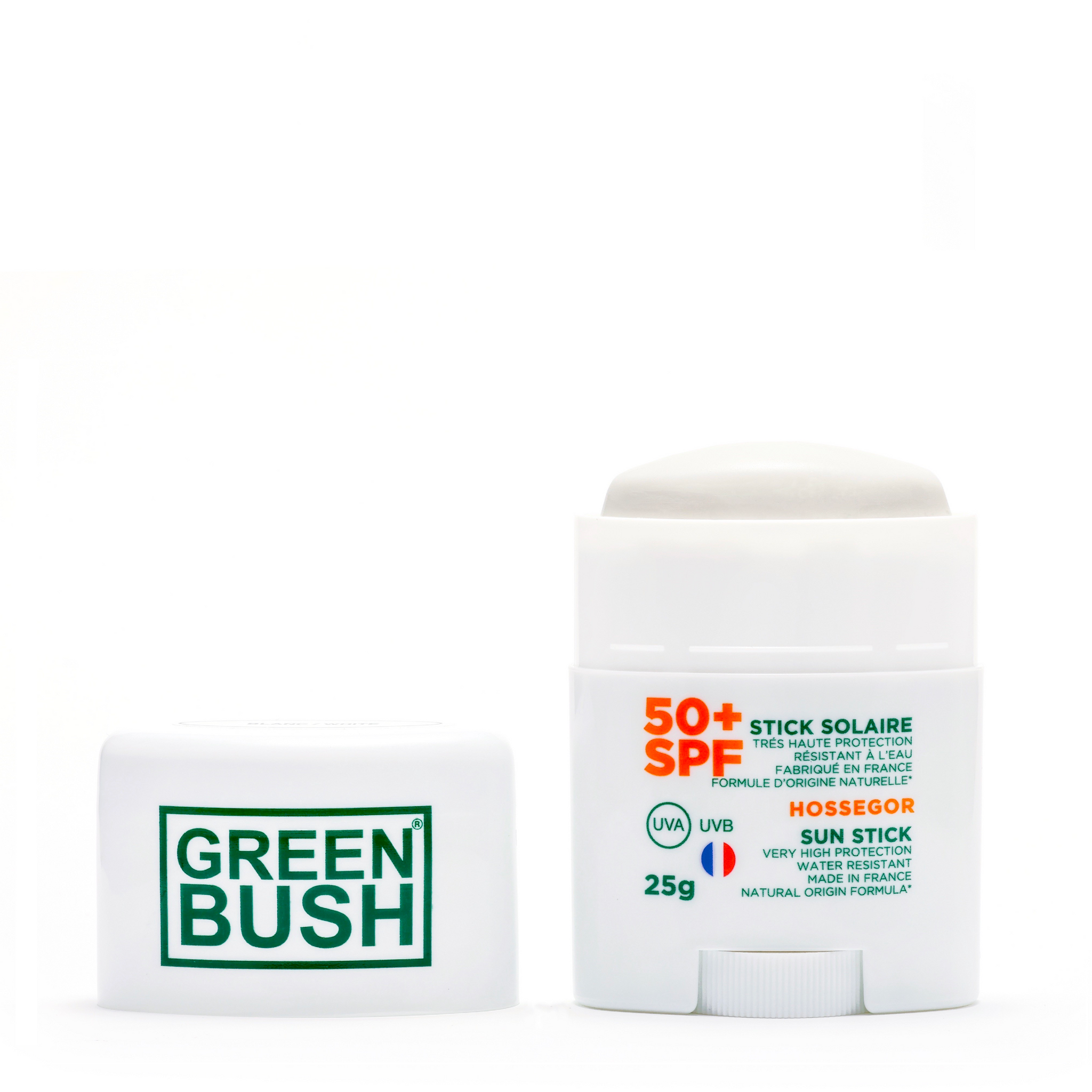Stick solar mineral Greenbush SPF 50+ abierto en color blanco, protección UVA/UVB resistente al agua