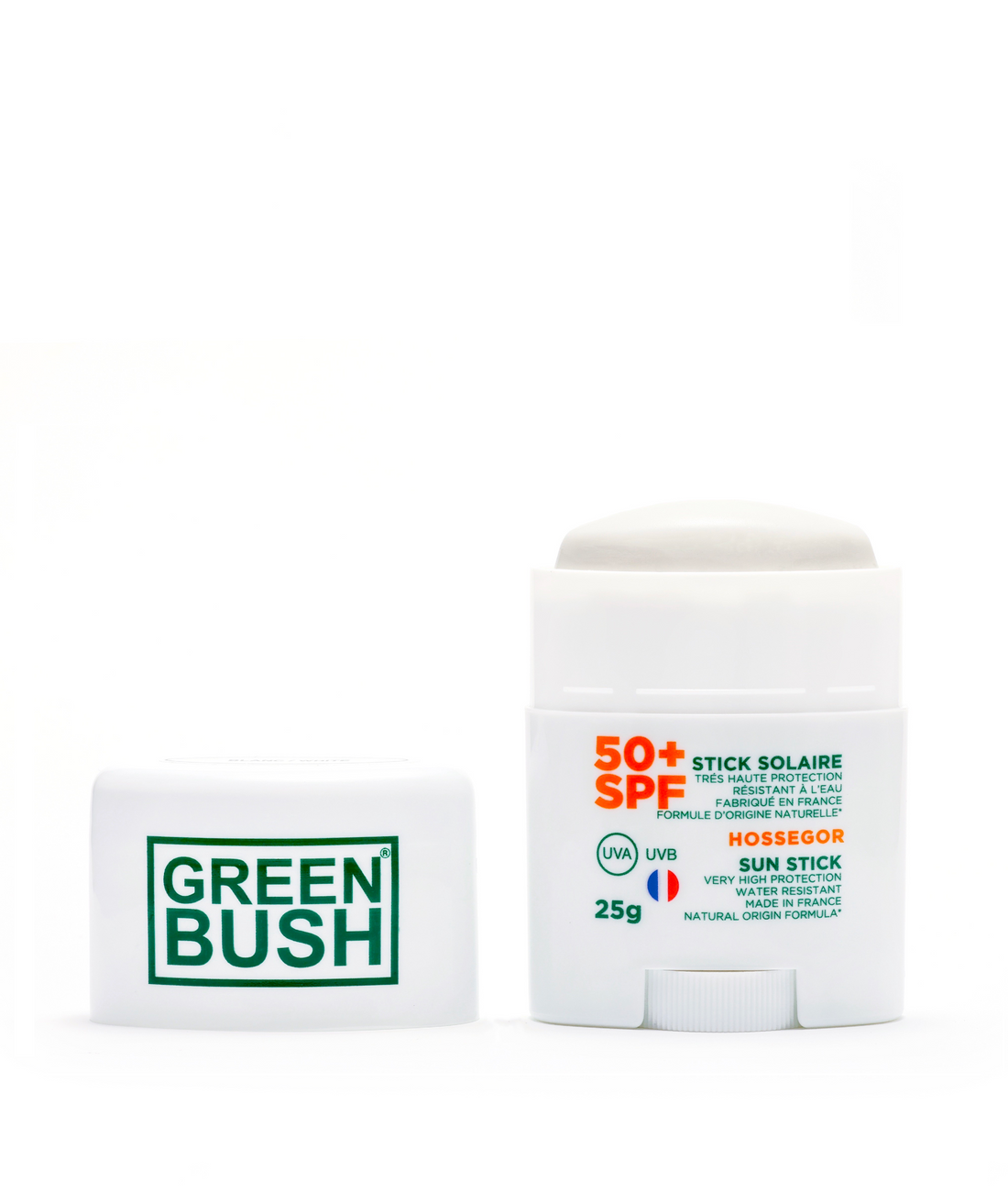 Stick solar mineral Greenbush SPF 50+ abierto en color blanco, protección UVA/UVB resistente al agua