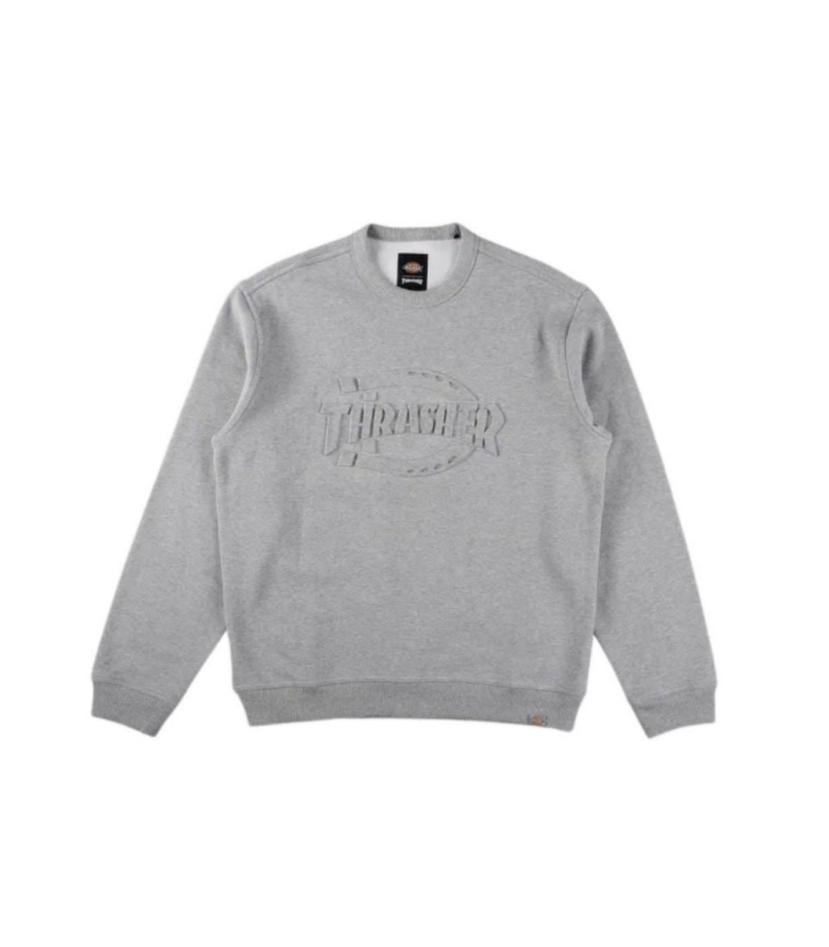 sudadera edicion limitada dickies x thrasher color gris con letras en relieve