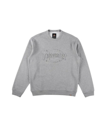 sudadera edicion limitada dickies x thrasher color gris con letras en relieve