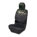 Funda de asiento de coche Surflogic individual, con reposacabezas en estampado camuflaje verde y cuerpo negro, vista frontal completa instalada sobre el asiento delantero de un vehículo.
