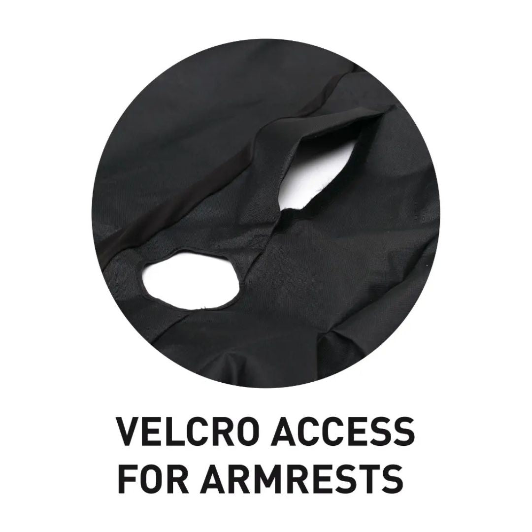 Detalle de la apertura con velcro de la funda de asiento de coche Surflogic, que permite dejar libre el acceso al reposabrazos del asiento sin necesidad de retirar la funda por completo.