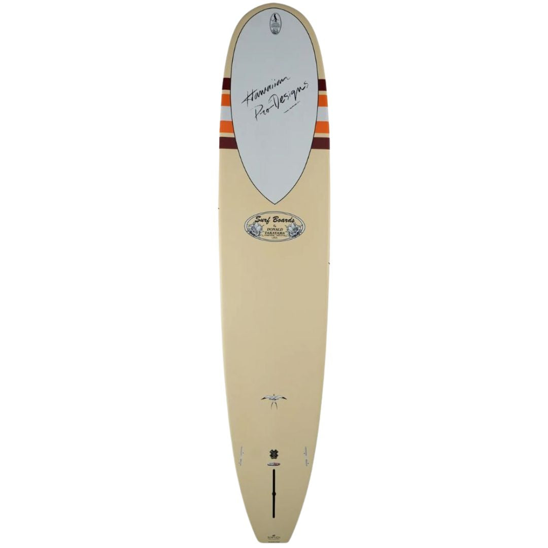 Tabla de surf Surftech Takayama In The Pink 9'3 longboard noserider color crema con panel central blanco y franjas horizontales rojas y naranjas en el nose.