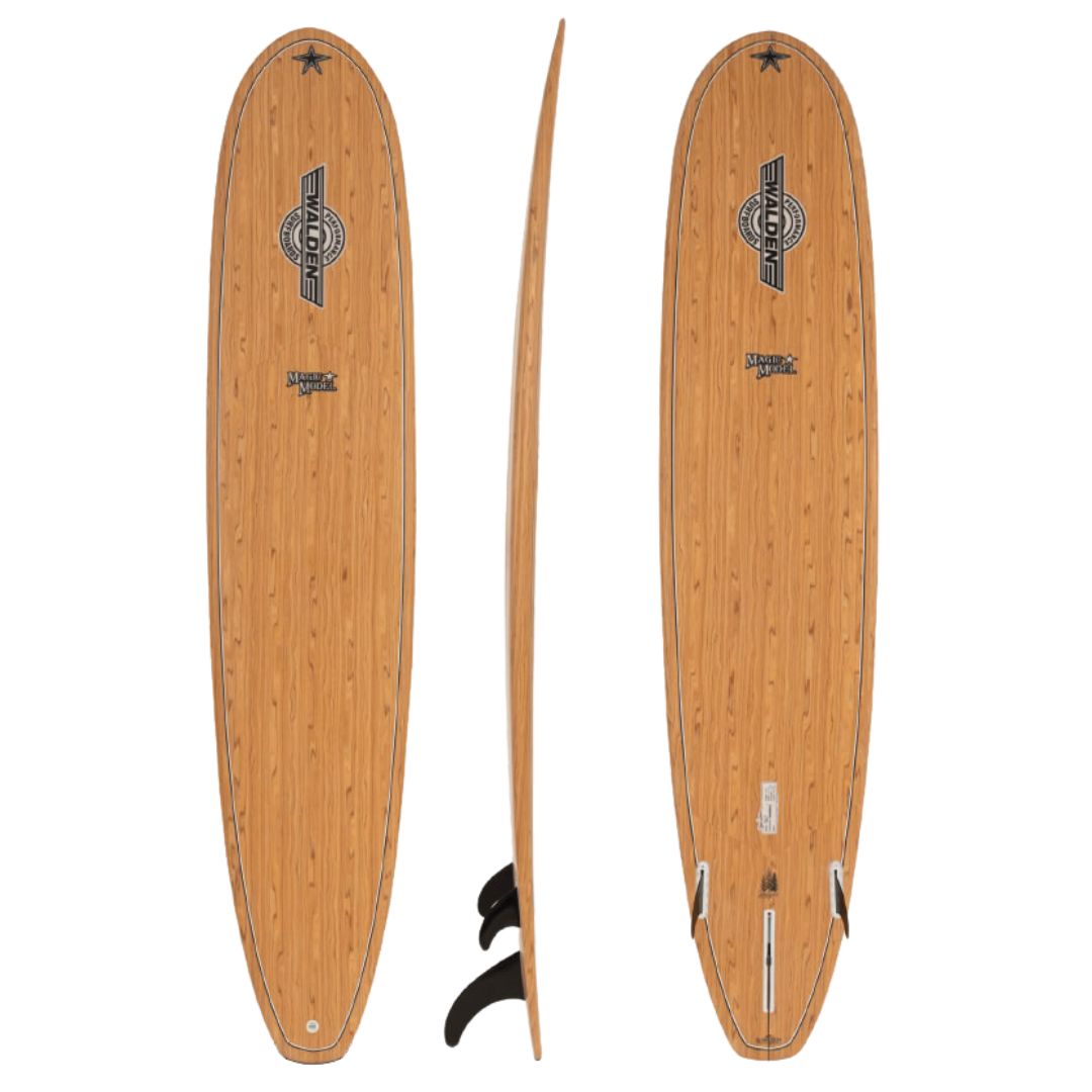 Surftech Walden Magic Madera 9'6'' tabla de surf madera detalle completo con perfil lateral, volumen equilibrado y diseño clásico Walden.